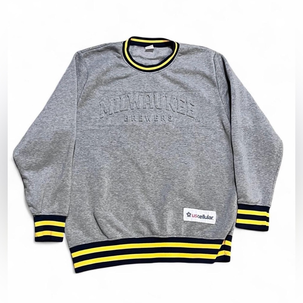 MLB Milwaukee Brewers Gray Crewneck Sweater with Navy & Yellow Trim